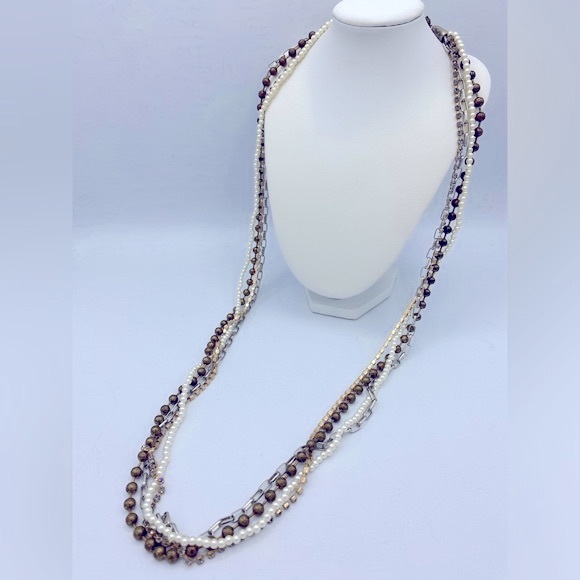 Chicos Multi Strand,Textured Long Pearl Bead Rhinestone Chain Bohemian Necklace - Picture 5 of 9